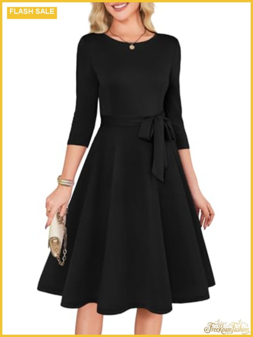 3/4 Sleeve A-Line Cocktail Dress with Belt
